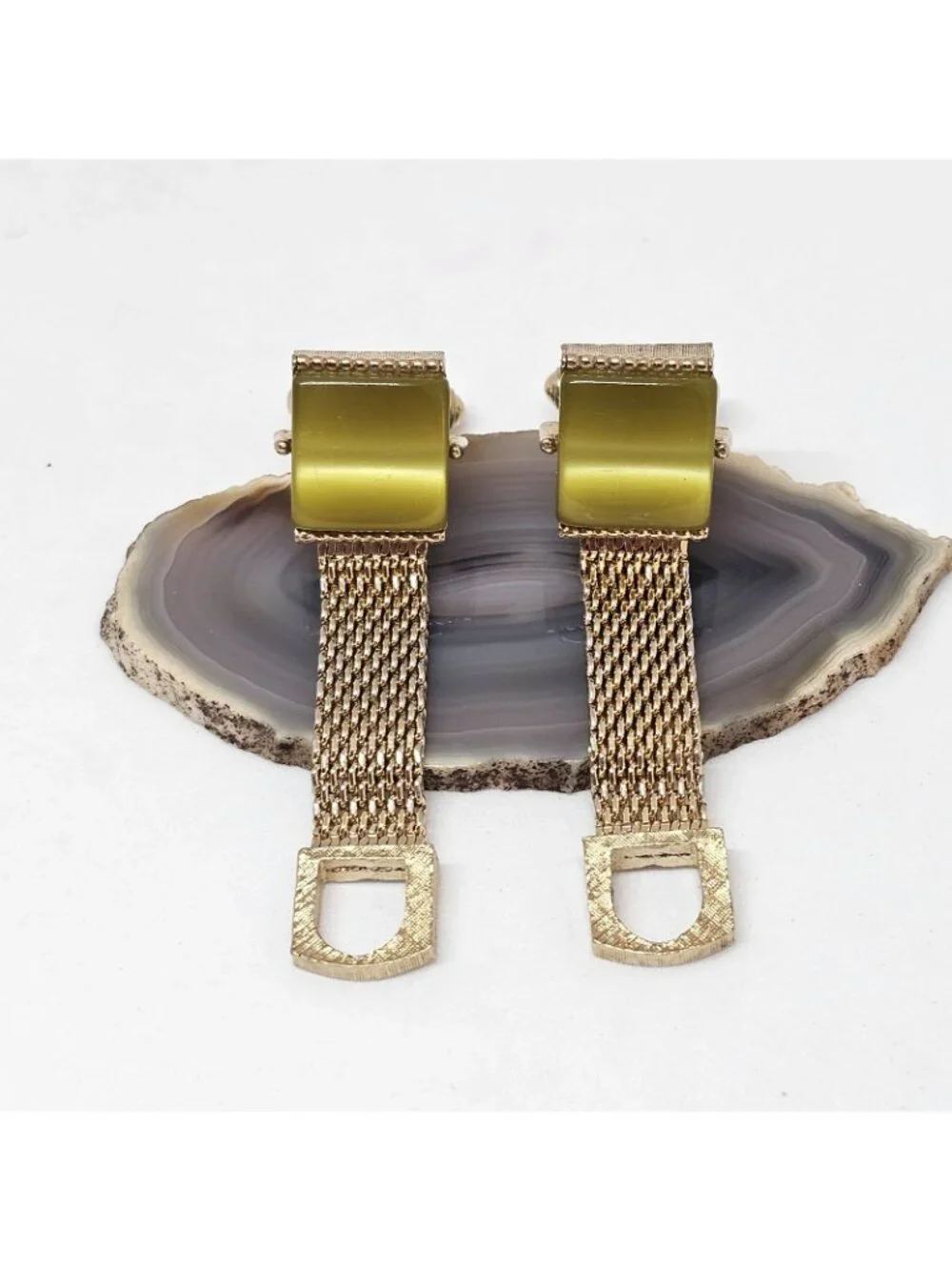 Swank Gold Tone Mesh Wrap Bullet Back Cufflinks Vintage Green Thermoset Plastic